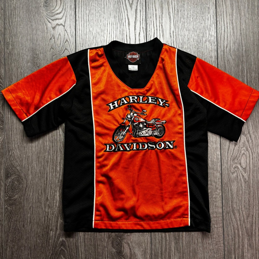 Harley Davidson Mesh Motorcycle Jersey Baby Tee Orange Black V-Neck Size 6